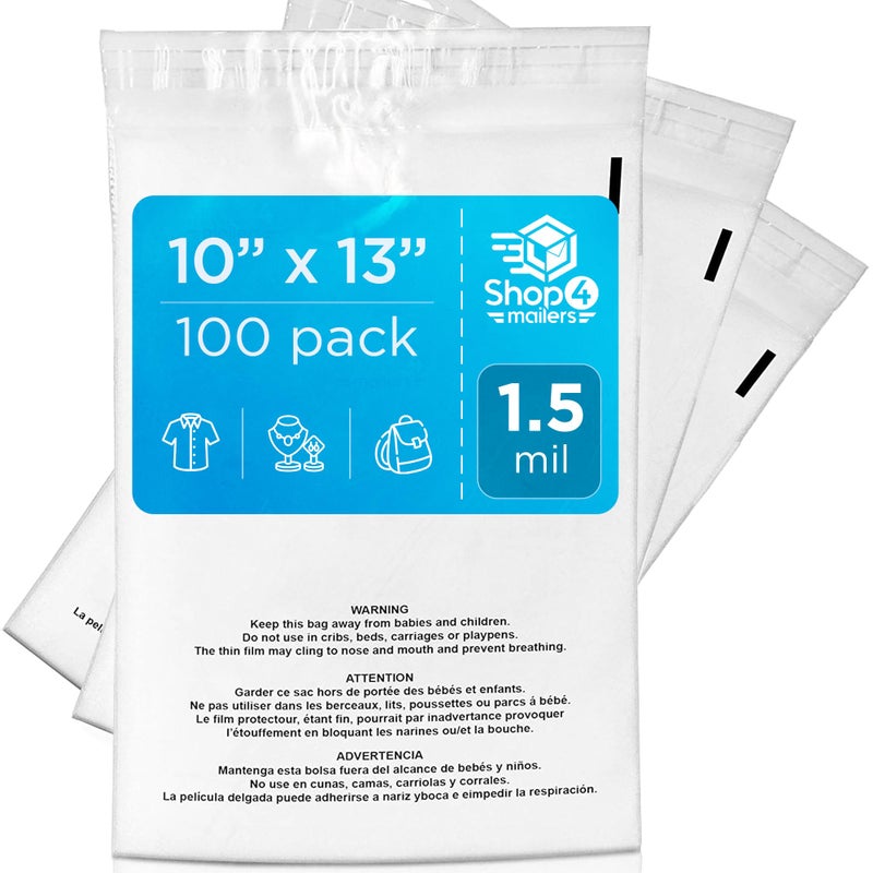 Shop4Mailers 10 x 13 Clear Plastic Flat Poly Bags with Suffocation Warning Self Seal Adhesive 1.5 Mil for Business FBA Packaging, Jewelry, Clothes, Prints, Storage â€“ Resealable 1.5 Mil (100 Pack) - Image 1